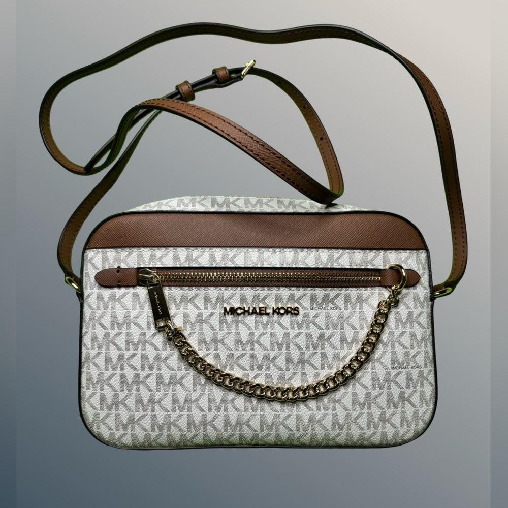 Michael Kors White and Brown Crossbody Bag with Gold Accent